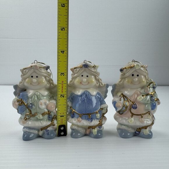 Set of 3 Vintage Ceramic Angel Ornaments Pastel Gold Trim Christmas - Picture 10 of 11